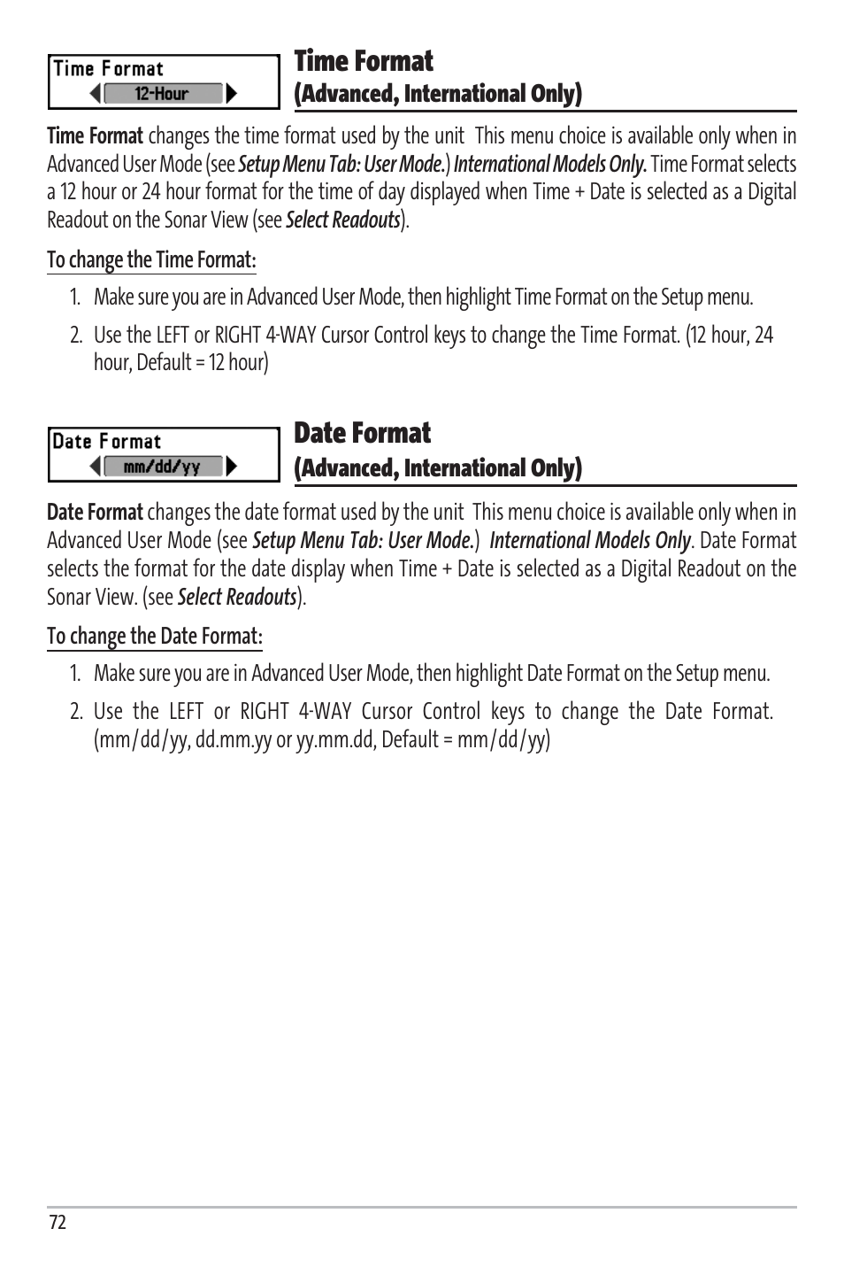 Time format, Date format | Humminbird Matrix 97 User Manual | Page 76 / 87