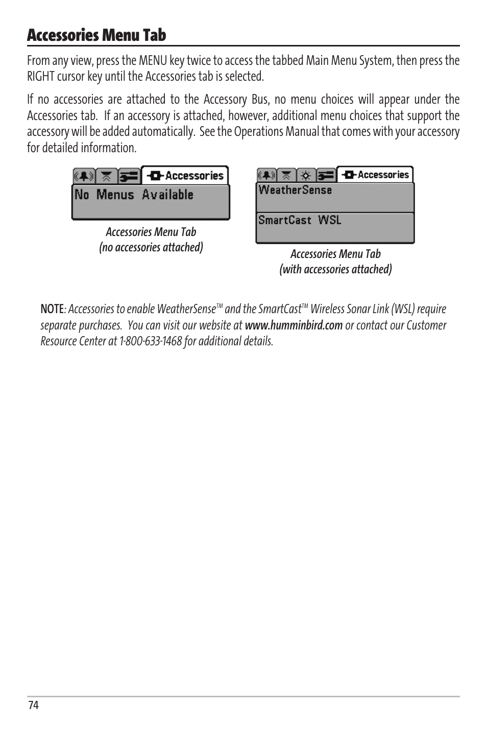 Accessories menu tab | Humminbird Matrix 97 User Manual | Page 78 / 87