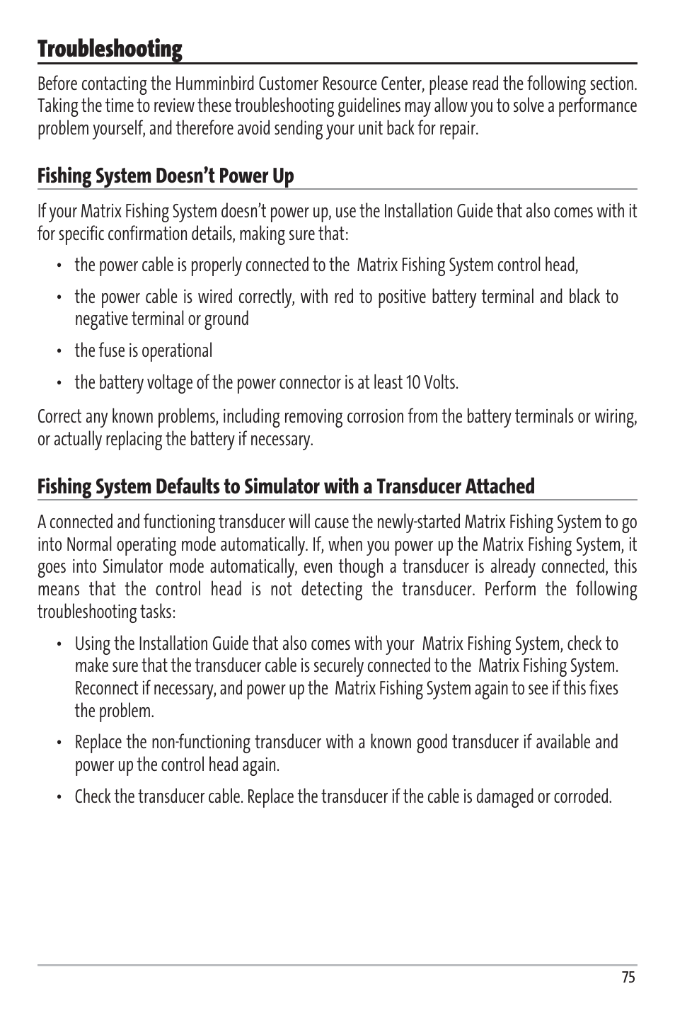 Troubleshooting | Humminbird Matrix 97 User Manual | Page 79 / 87