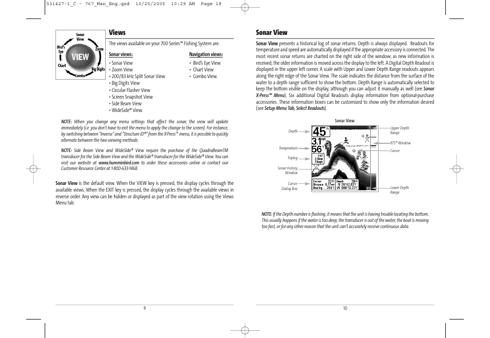 Sonar view, Views | Humminbird 767 User Manual | Page 10 / 60