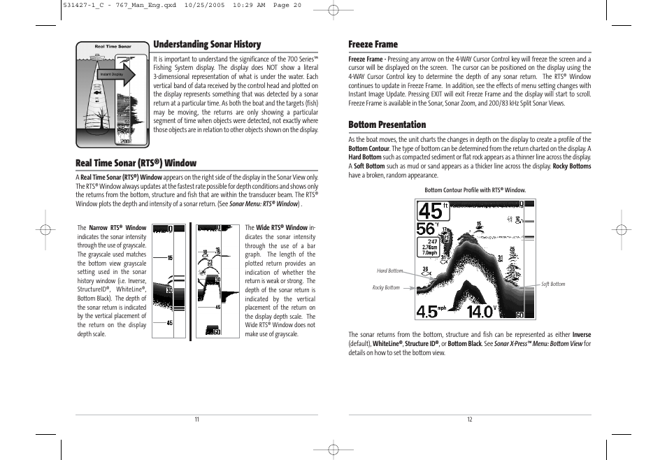 Freeze frame, Bottom presentation, Understanding sonar history | Real time sonar (rts®) window | Humminbird 767 User Manual | Page 11 / 60