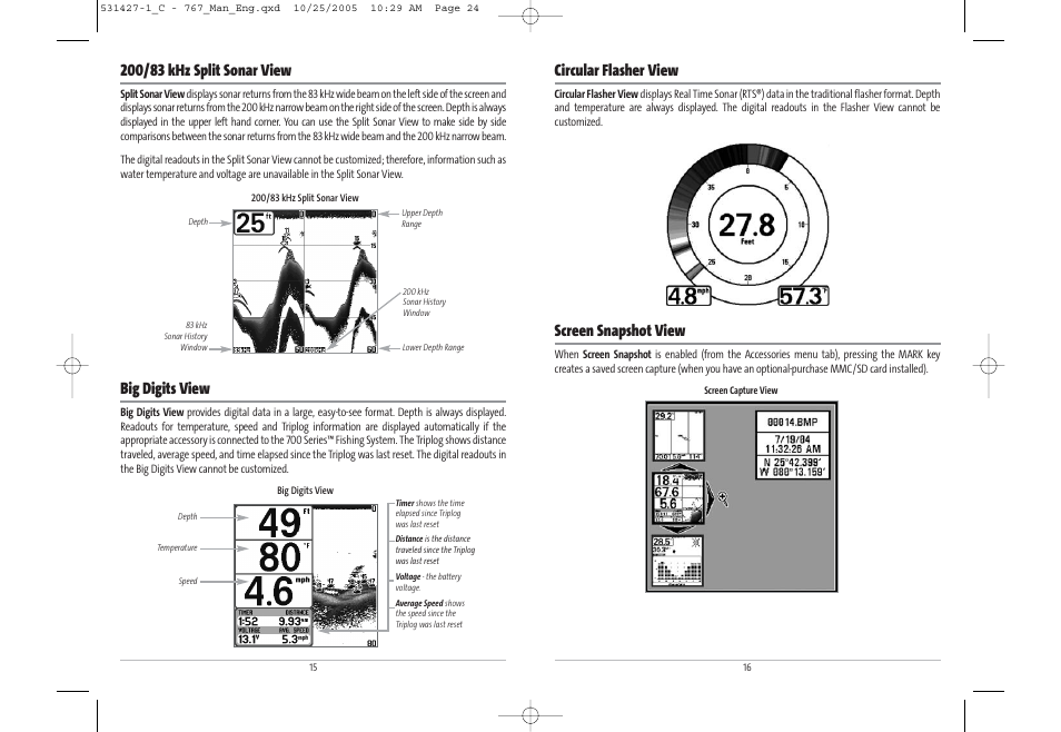 Circular flasher view, Screen snapshot view, Big digits view | Humminbird 767 User Manual | Page 13 / 60