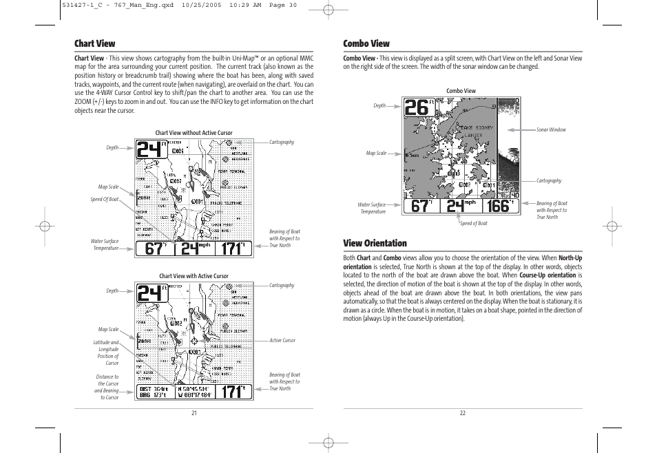 Combo view, View orientation, Chart view | Humminbird 767 User Manual | Page 16 / 60