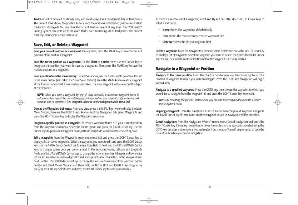 Navigate to a waypoint or position, Save, edit, or delete a waypoint | Humminbird 767 User Manual | Page 18 / 60