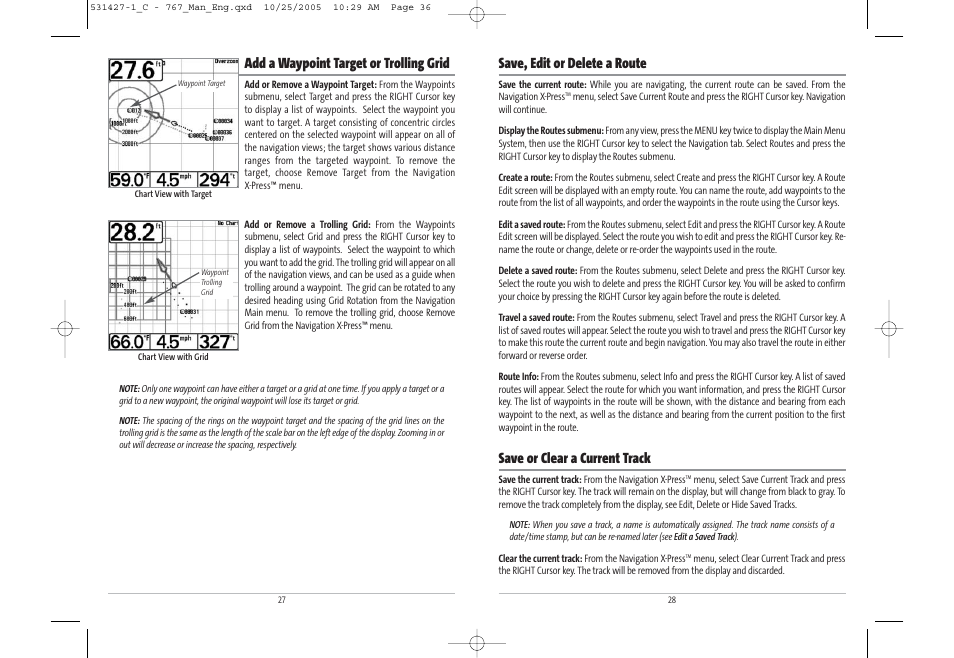 Save, edit or delete a route, Save or clear a current track, Add a waypoint target or trolling grid | Humminbird 767 User Manual | Page 19 / 60