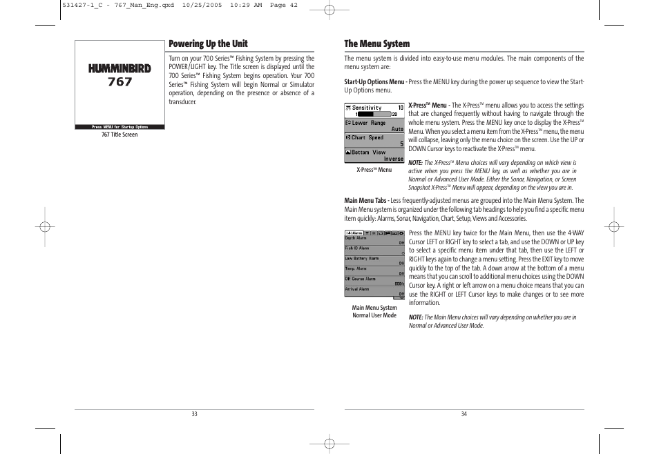 The menu system, Powering up the unit | Humminbird 767 User Manual | Page 22 / 60