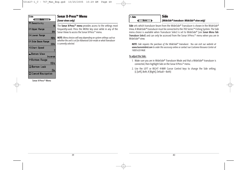 Side, Sonar x-press, Menu | Humminbird 767 User Manual | Page 25 / 60