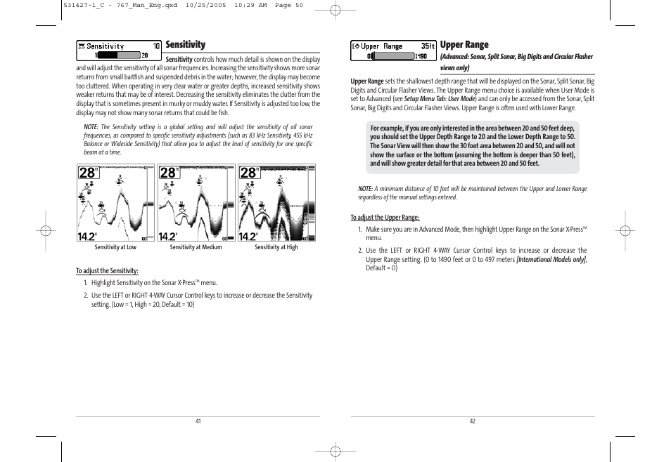 Upper range, Sensitivity | Humminbird 767 User Manual | Page 26 / 60