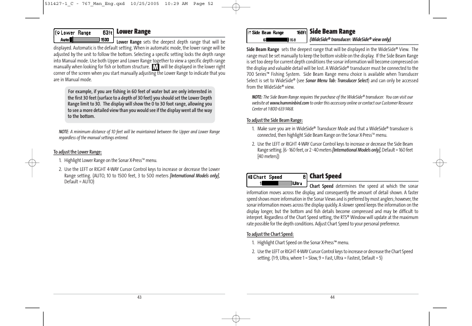 Side beam range, Chart speed, Lower range | Humminbird 767 User Manual | Page 27 / 60