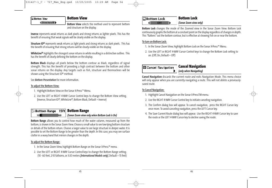 Bottom lock, Cancel navigation, Bottom view | Bottom range | Humminbird 767 User Manual | Page 28 / 60