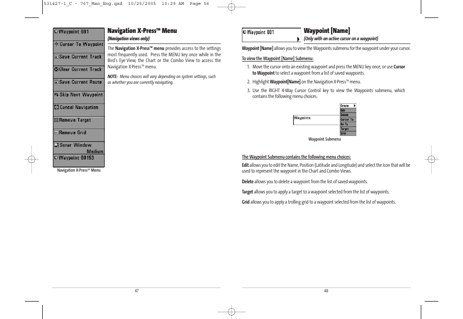 Waypoint [name, Navigation x-press, Menu | Humminbird 767 User Manual | Page 29 / 60