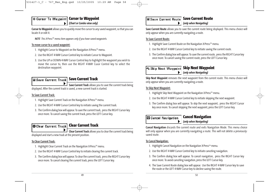 Save current route, Skip next waypoint, Cancel navigation | Cursor to waypoint, Save current track, Clear current track | Humminbird 767 User Manual | Page 30 / 60