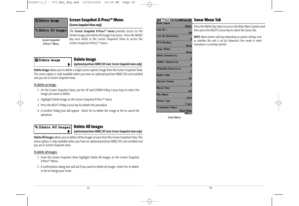 Sonar menu tab, Screen snapshot x-press, Menu | Delete image, Delete all images | Humminbird 767 User Manual | Page 32 / 60