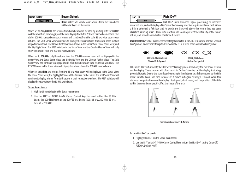 Fish id, Beam select | Humminbird 767 User Manual | Page 33 / 60