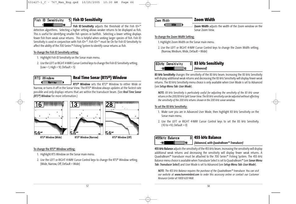 Zoom width, 83 khz sensitivity, 455 khz balance | Fish id sensitivity, Real time sonar (rts®) window | Humminbird 767 User Manual | Page 34 / 60