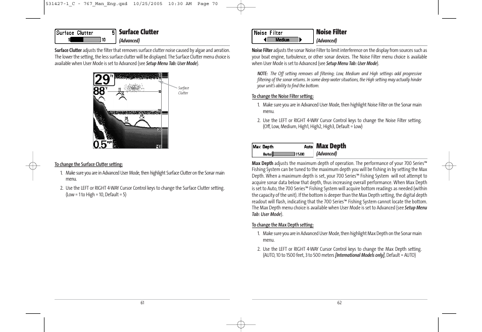 Noise filter, Max depth, Surface clutter | Humminbird 767 User Manual | Page 36 / 60