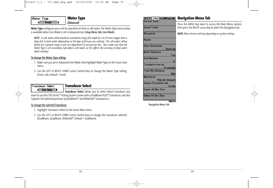Navigation menu tab, Water type, Transducer select | Humminbird 767 User Manual | Page 37 / 60