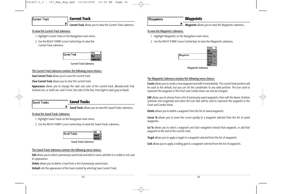 Waypoints, Current track, Saved tracks | Humminbird 767 User Manual | Page 38 / 60
