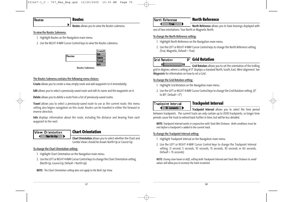 North reference, Grid rotation, Trackpoint interval | Routes, Chart orientation | Humminbird 767 User Manual | Page 39 / 60