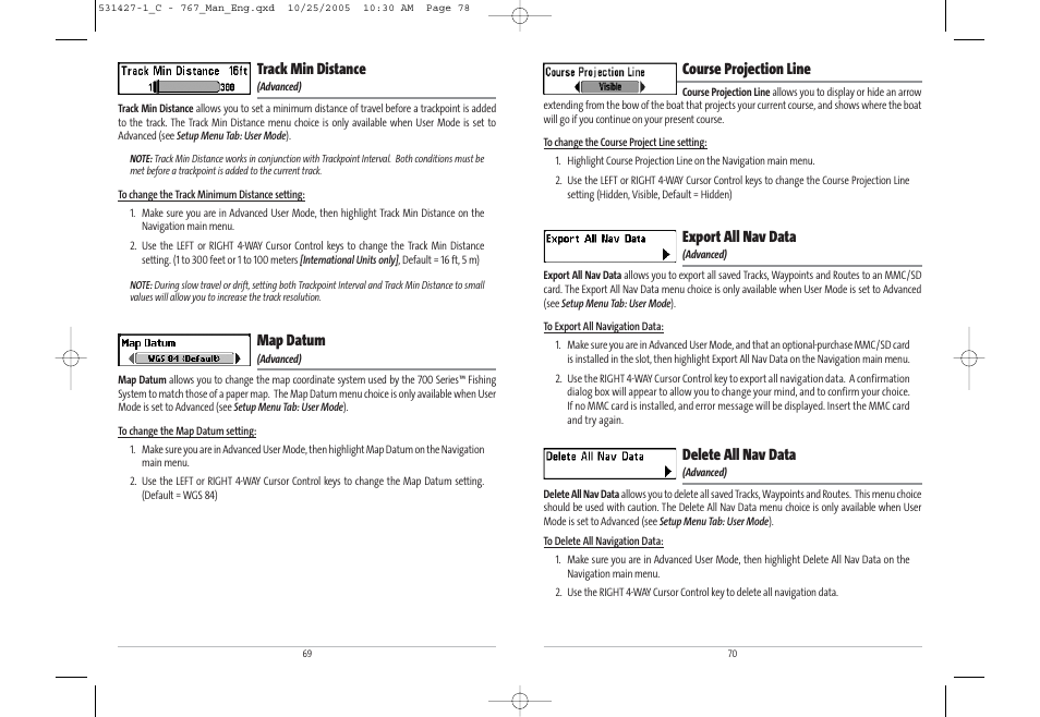 Course projection line, Export all nav data, Delete all nav data | Track min distance, Map datum | Humminbird 767 User Manual | Page 40 / 60