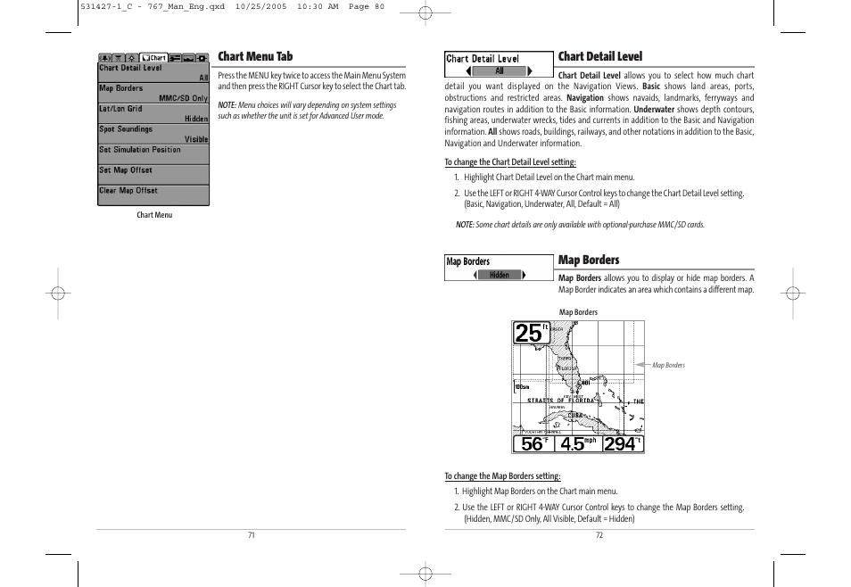 Chart detail level, Map borders, Chart menu tab | Humminbird 767 User Manual | Page 41 / 60