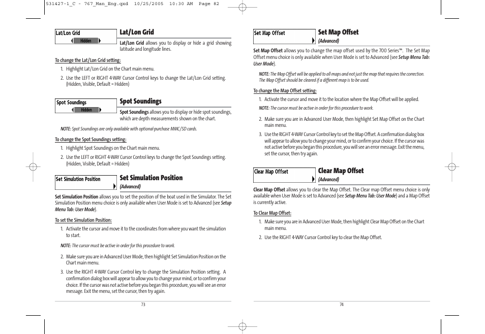 Set map offset, Clear map offset, Lat/lon grid | Spot soundings, Set simulation position | Humminbird 767 User Manual | Page 42 / 60