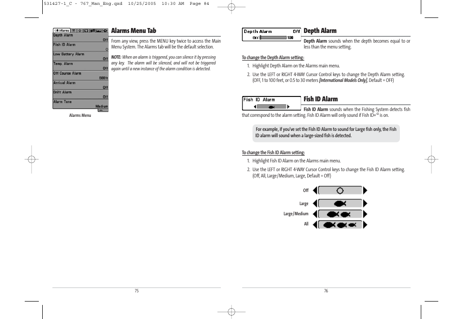 Depth alarm, Fish id alarm, Alarms menu tab | Humminbird 767 User Manual | Page 43 / 60