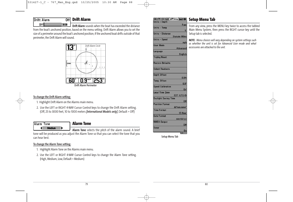 Setup menu tab, Drift alarm, Alarm tone | Humminbird 767 User Manual | Page 45 / 60