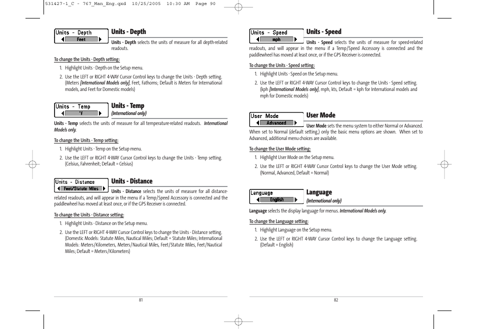 Units - speed, User mode, Language | Units - depth, Units - temp, Units - distance | Humminbird 767 User Manual | Page 46 / 60