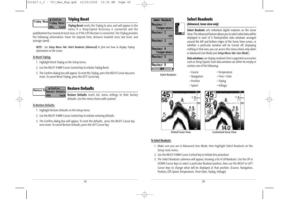 Triplog reset, Restore defaults, Select readouts | Humminbird 767 User Manual | Page 47 / 60