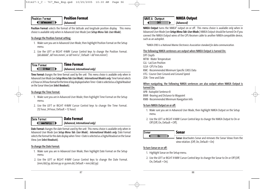Position format, Time format, Date format | Nmea output, Sonar | Humminbird 767 User Manual | Page 49 / 60