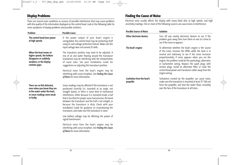 Display problems, Finding the cause of noise | Humminbird 767 User Manual | Page 52 / 60
