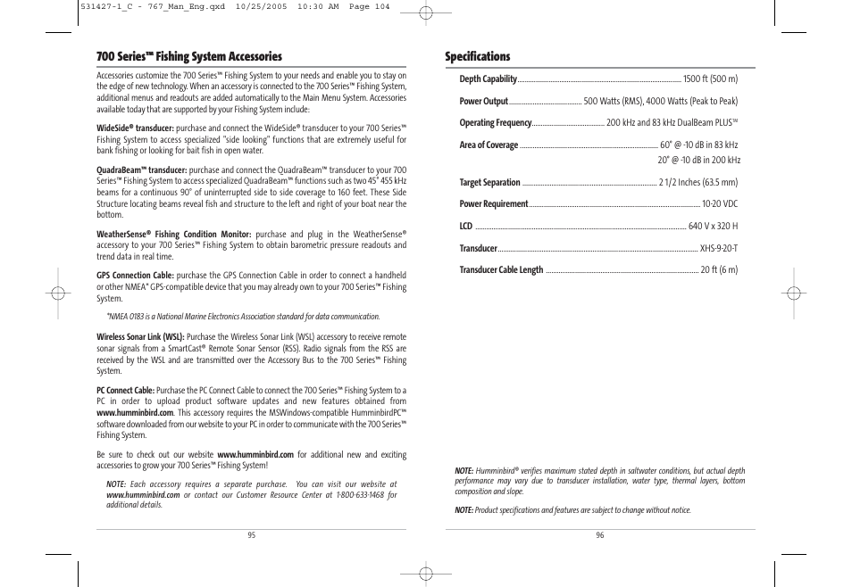 700 series™ fishing system accessories, Specifications | Humminbird 767 User Manual | Page 53 / 60