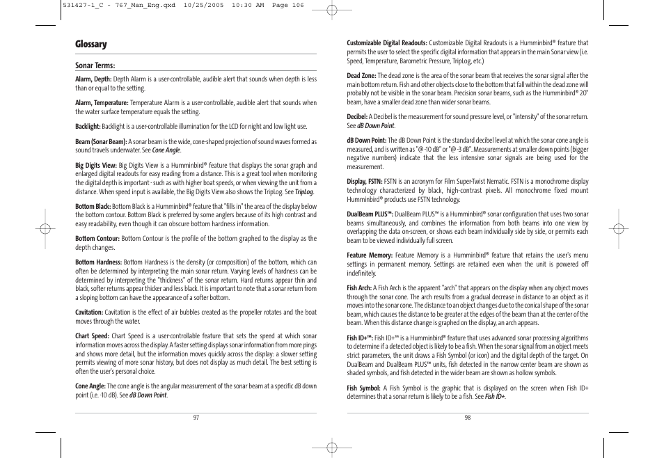 Glossary | Humminbird 767 User Manual | Page 54 / 60