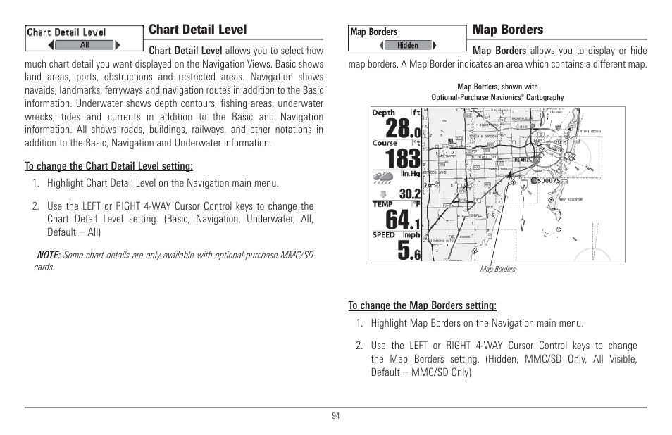 Chart detail level, Map borders | Humminbird 917C User Manual | Page 102 / 141