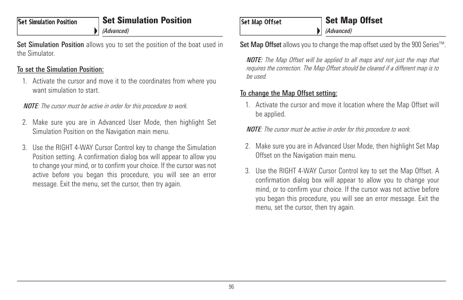 Set simulation position, Set map offset | Humminbird 917C User Manual | Page 104 / 141