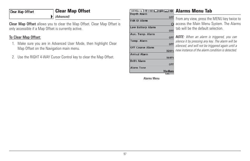 Clear map offset, Alarms menu tab | Humminbird 917C User Manual | Page 105 / 141
