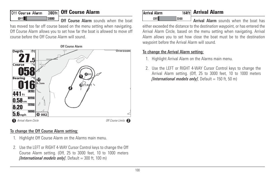 Off course alarm, Arrival alarm | Humminbird 917C User Manual | Page 108 / 141