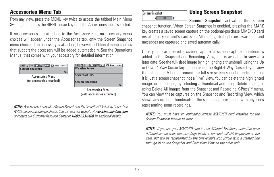 Accessories menu tab, Using screen snapshot | Humminbird 917C User Manual | Page 120 / 141