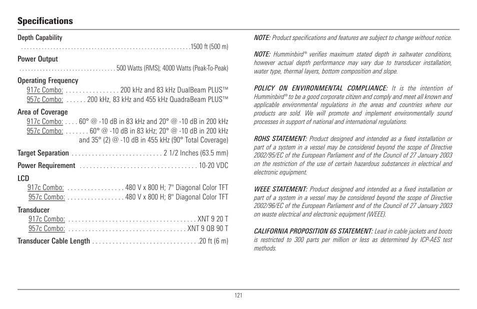 Specifications | Humminbird 917C User Manual | Page 129 / 141