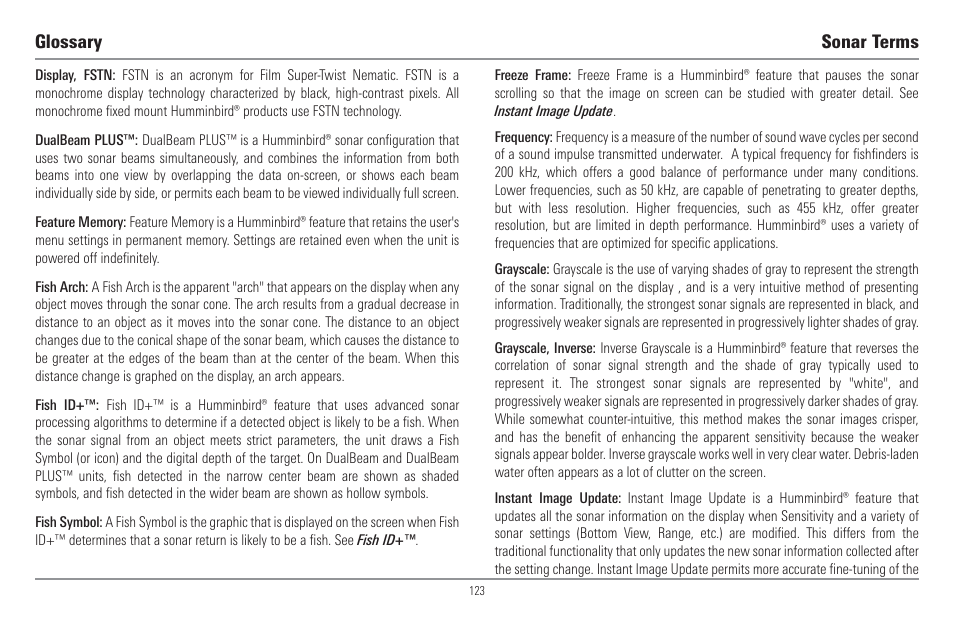 Glossary sonar terms | Humminbird 917C User Manual | Page 131 / 141