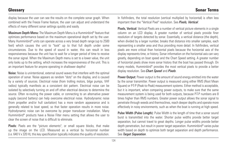 Glossary sonar terms | Humminbird 917C User Manual | Page 132 / 141