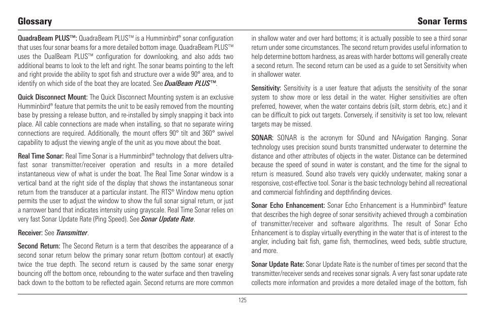 Glossary sonar terms | Humminbird 917C User Manual | Page 133 / 141