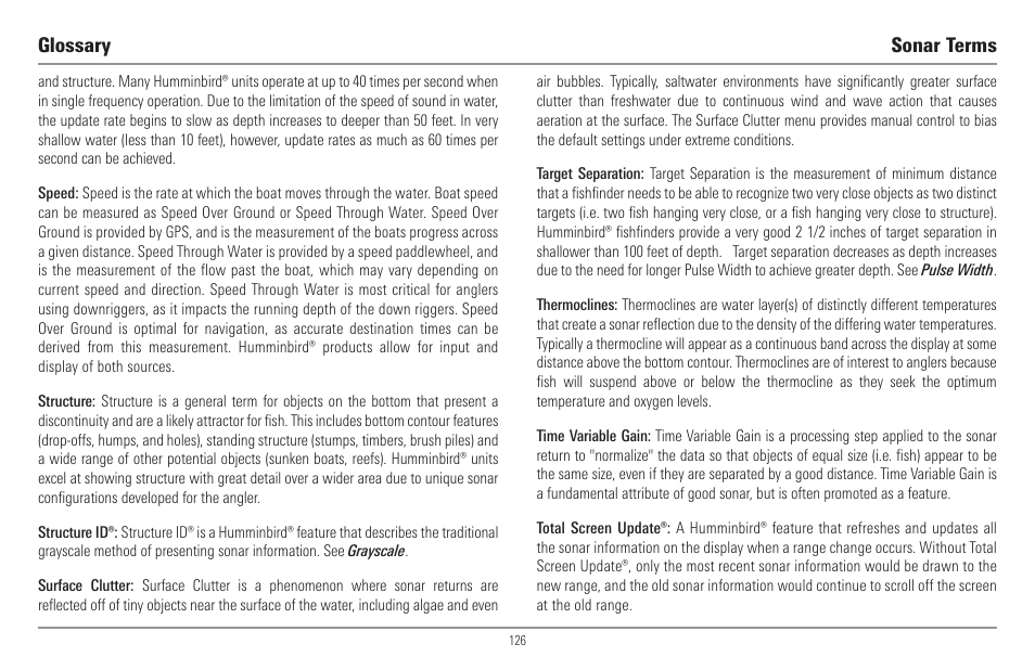 Glossary sonar terms | Humminbird 917C User Manual | Page 134 / 141