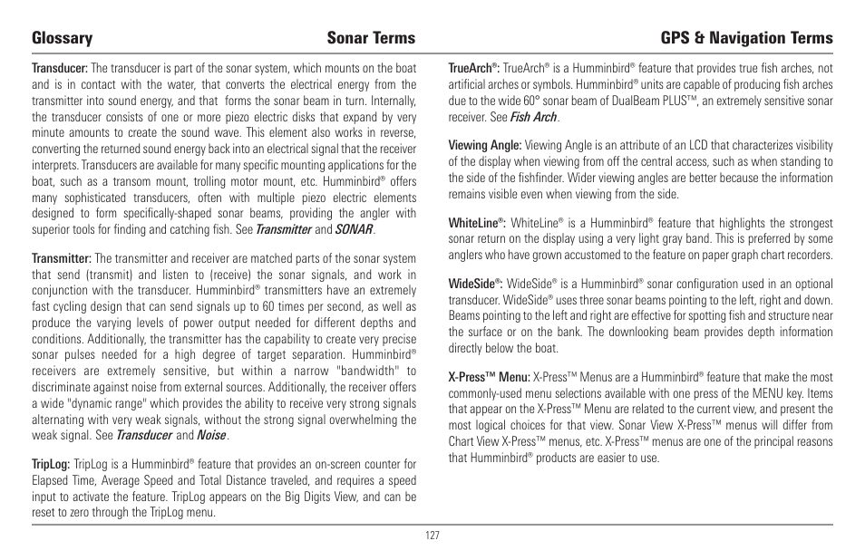 Glossary sonar terms gps & navigation terms | Humminbird 917C User Manual | Page 135 / 141