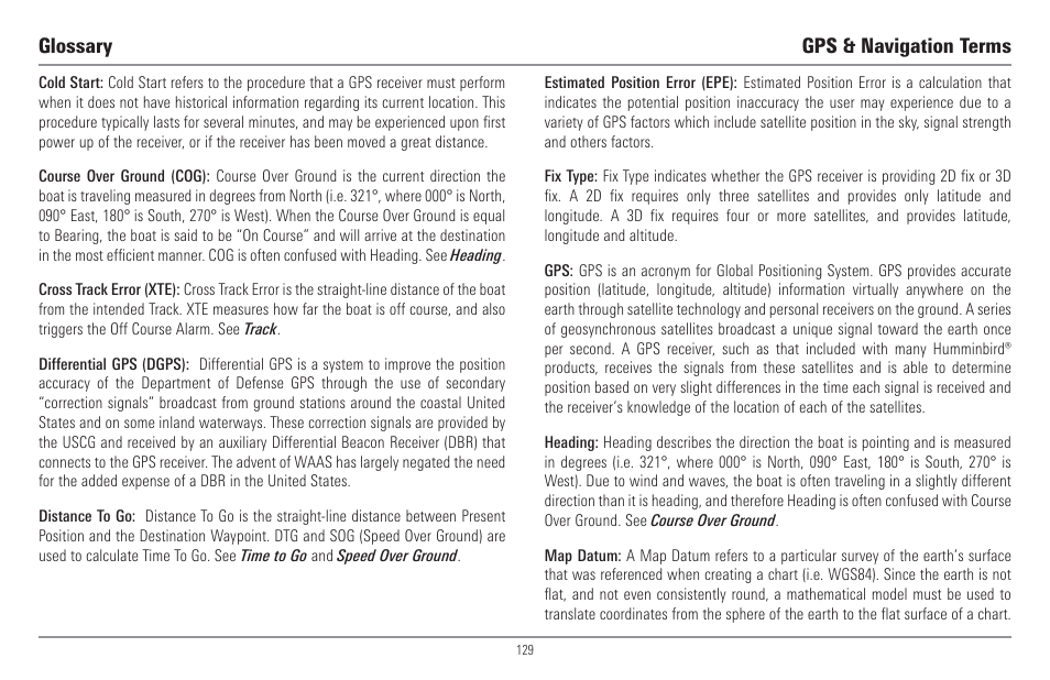 Glossary gps & navigation terms | Humminbird 917C User Manual | Page 137 / 141