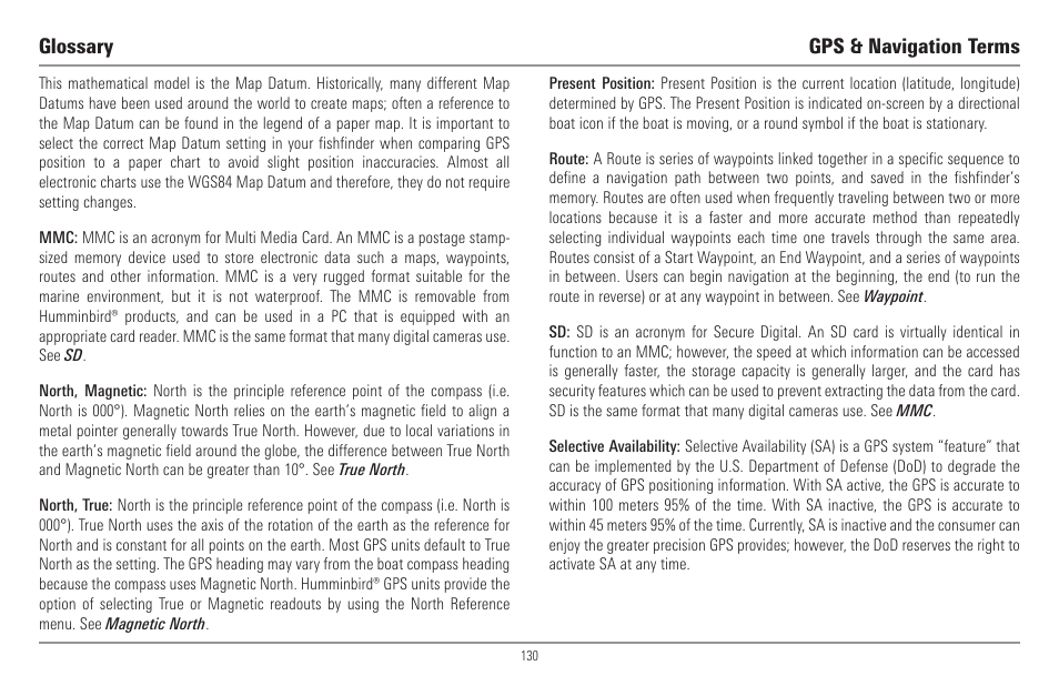 Glossary gps & navigation terms | Humminbird 917C User Manual | Page 138 / 141