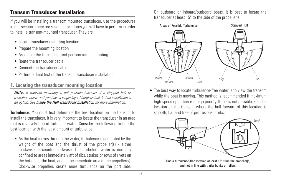 Transom transducer installation, Locating the transducer mounting location | Humminbird 917C User Manual | Page 21 / 141