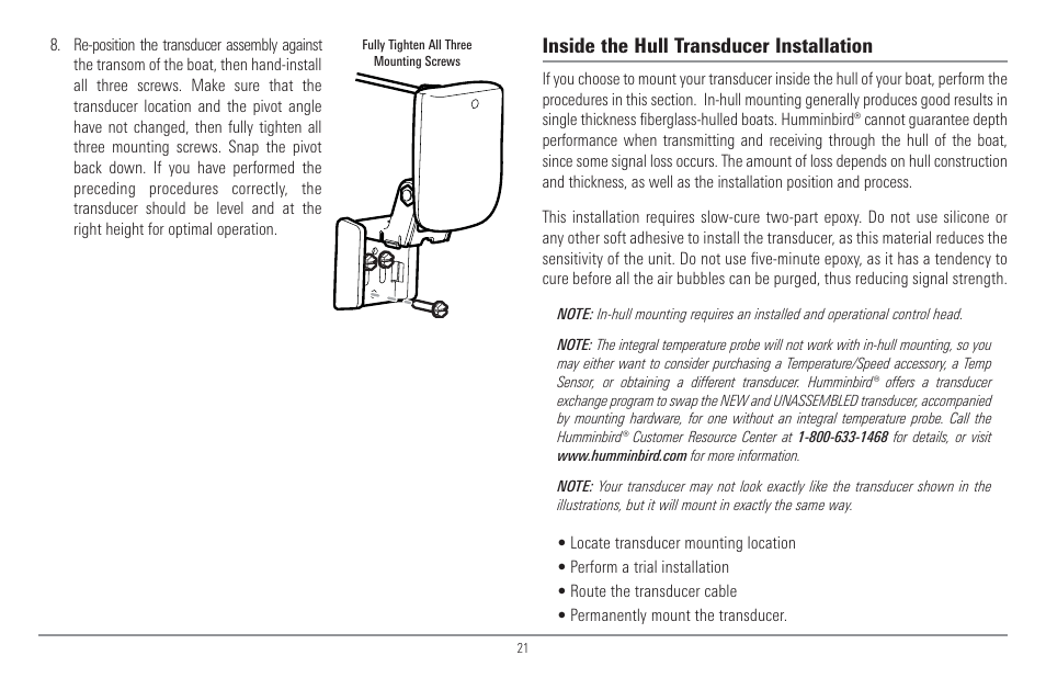 Inside the hull transducer installation | Humminbird 917C User Manual | Page 29 / 141