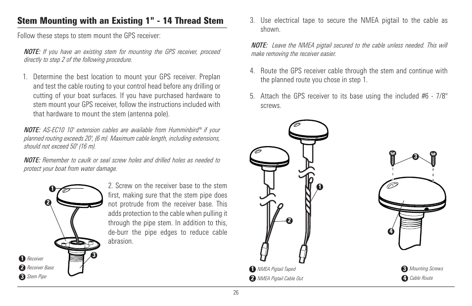 Stem mounting with an existing 1" - 14 thread stem | Humminbird 917C User Manual | Page 34 / 141